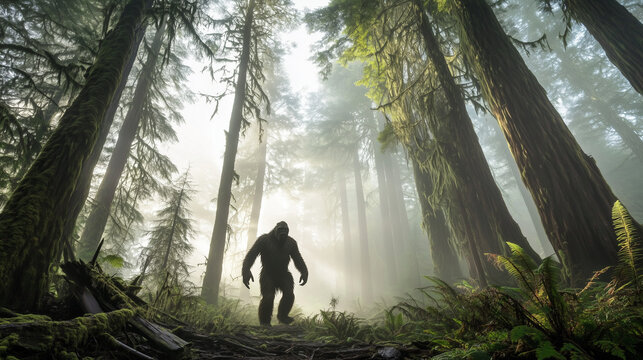 Mysterious Sasquatch silhouette in dense foggy forest with towering trees, evoking curiosity and intrigue in nature exploration and wildlife mystery.