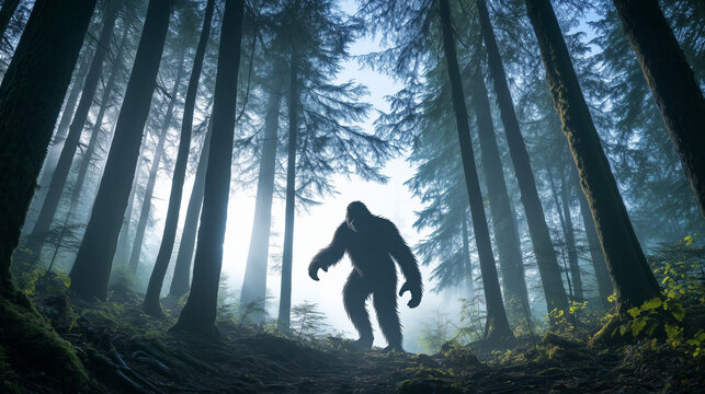 Mysterious Sasquatch silhouette in dense foggy forest with towering trees, evoking curiosity and intrigue in nature exploration and wildlife mystery.