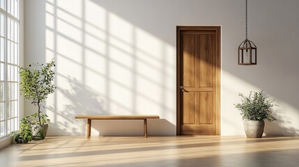 Sunlit minimalist hallway with wooden bench, door, plants, and lantern.