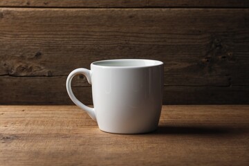 White mug mockup on wooden table with large empty space for text or design