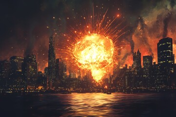 Fiery Explosion Over Illuminated Cityscape at Night