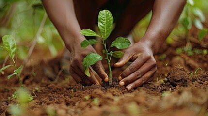 A close-up of hands planting tree with fresh green leaves