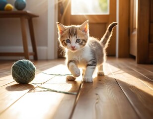 cat on the floor playing with yarn