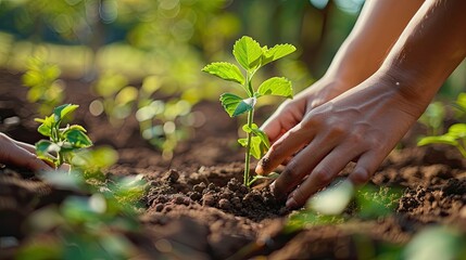 A close-up of hands planting tree with fresh green leaves