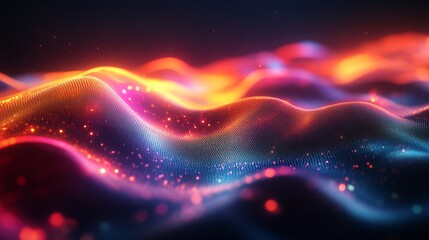 Obraz premium A vibrant, digital landscape of glowing waves, showcasing a mesmerizing blend of colors and light patterns.