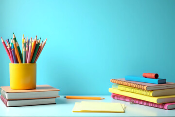 Student creative desk mock up with colorful office supplies, notebooks, notes, crayons and blue wall background. Back to school.