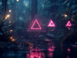 3D render of glowing triangular prisms suspended in a dark digital environment 