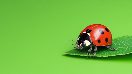 A vibrant ladybug resting on a green leaf against a bright background.