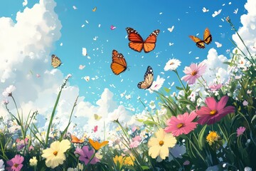 Fototapeta premium Butterflies Soar Above a Vibrant Wildflower Meadow