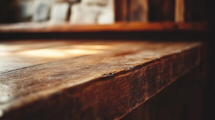 a close-up shot of a vintage wooden table or shelf in an empty