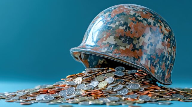 A symbolic image of a war helmet overflowing with coins, with some spilling out onto the surface. This powerful visual represents the complex entanglement between military power and economic interests