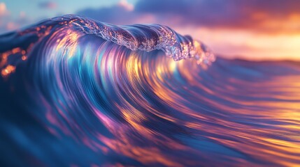 A vibrant wave reflects colorful hues from the sunset, creating a stunning visual of nature's beauty and movement.