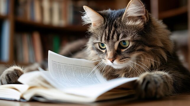 Curious cat reading a book in a cozy library setting feline exploration indoor environment