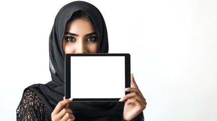 Fototapeta premium A mysterious Muslim woman in a black hijab holds a tablet with a white blank screen in her hands. A mockup of a stylish modern tablet. The concept of curiosity and interest