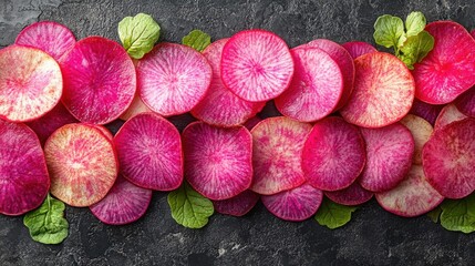 A vibrant display of pink radish slices arranged with green leaves on a dark surface.