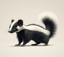 Naklejka premium skunk, full body view with long black and white fur, long tail on the ground