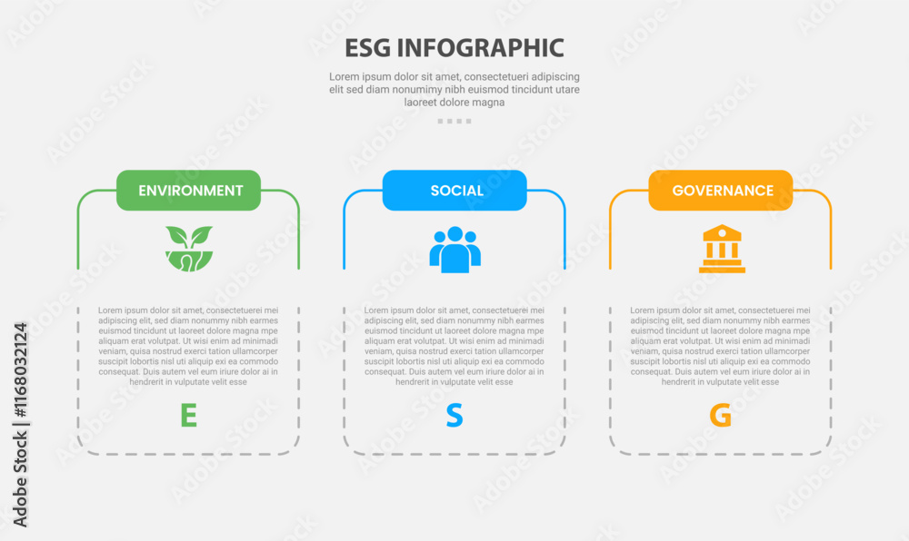 Aufkleber esg infographic outline style with 3 point template with slice table box container with dotted line 