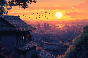 Obraz premium Asian Village Sunset Birdscape with Golden Sky