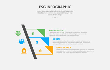 ESG infographic outline style with 3 point template with sharp rectangle stairway ladder with triangle edge for slide presentation
