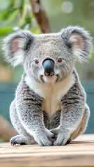 Obraz premium koala sitting on wood, koala close-up wildlife, koala in Australian forest ,Cute Koala Close-Up ,Australian Wildlife Photography , Endangered Native Species