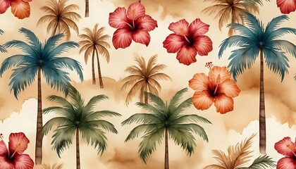 Watercolor Palm Trees and Hibiscus Flowers Pattern