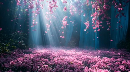 Fairy forest backdrop with pink flowers and blue curtains. Romantic cinematic lighting. 