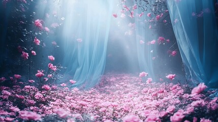 Fairy forest backdrop with pink flowers and blue curtains. Romantic cinematic lighting. 