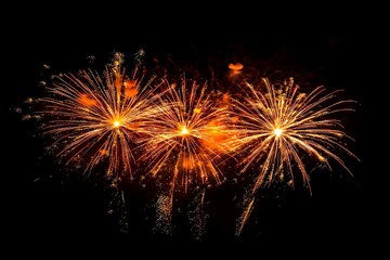 Three Golden Fireworks Explode In Night Sky