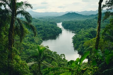 Lush green rainforest, river meanders through mountains.