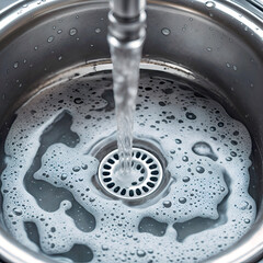 Closeup photo of kitchen sink drain with soapy water and stream of water coming from above. Clogged sink drain concept