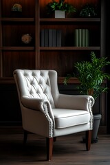Cozy home office setup with a white leather chair and a blurred background of wooden shelves 