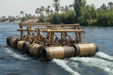 Wooden raft floats on river, palm trees background.