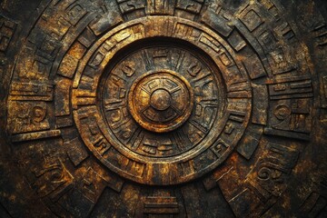 Obraz premium Ornate, aged bronze circular relief, geometric patterns.