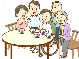 車椅子の男性、家族とティタイム。幸せの時間