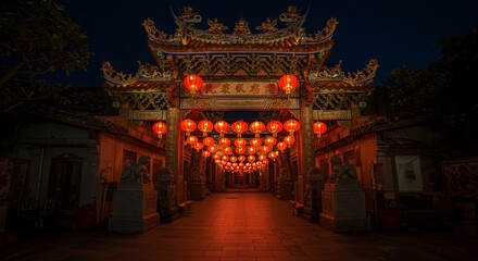 Fototapeta premium Illuminated Asian Temple Gate at Night Red Lanterns Festive Pathway