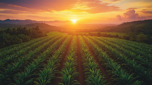 Aerial view of lush sugarcane plantation at sunset, showcasing vibrant green rows and stunning orange sky. serene landscape evokes sense of tranquility and beauty