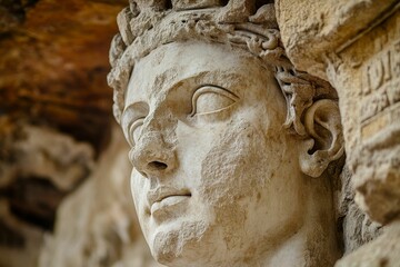 Obraz premium Weathered stone carving, female head, ancient detail.