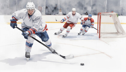 Obraz premium Moment of game canadian ice hockey. Watercolor and pencil dynamic sketch