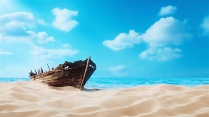 Obraz premium A weathered shipwreck on a pristine tropical beach with white sand and turquoise waters. The scene conveys an air of adventure, mystery, and serene beauty.