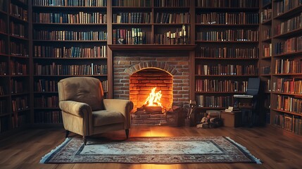 Reading by the fire cozy library with armchair and bookshelves