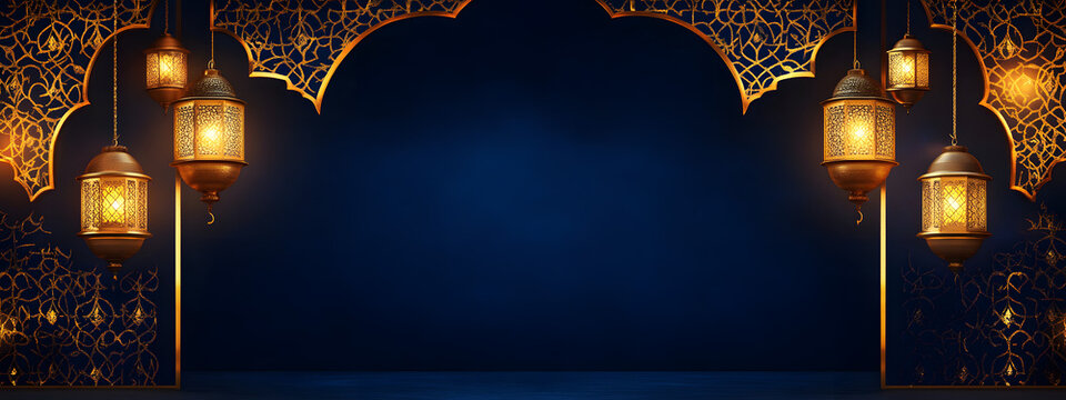 A radiant blue background illuminated by golden lanterns. The composition is empty on the top side for text or product placement.