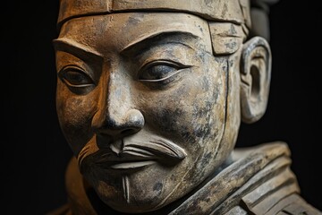 Weathered clay sculpture, ancient warrior's face.
