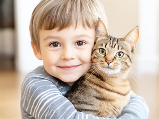 Smiling boy holding a content tabby cat, showcasing a moment of love and companionship. A heartwarming portrait of a child and pet bond.
