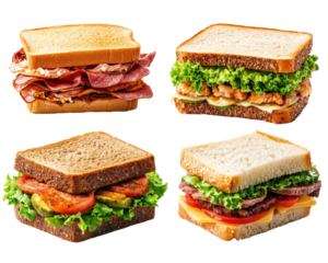 Delicious sandwiches stacked with fresh ingredients, including meats, lettuce, and tomatoes, served on various types of bread. Perfect for satisfying meal or snack