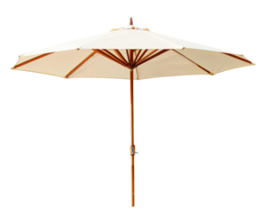 Elegant outdoor umbrella with wooden frame and cream fabric canopy, perfect for providing shade in gardens or patios. Ideal for summer gatherings and relaxation