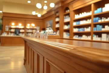 Fototapeta premium A Welcoming and Modern Pharmacy Interior with Wooden Counters and Shelves Full of Health Products, Bright Lighting and a Calm Atmosphere for Customers