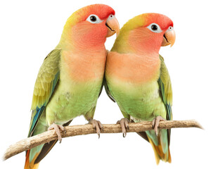 Colorful lovebirds perched on branch, showcasing vibrant plumage and affectionate behavior. Their bright red and green feathers create stunning visual display
