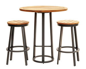 Stylish round wooden table with two matching stools, perfect for dining or casual gatherings. sleek design combines wood and metal for modern look