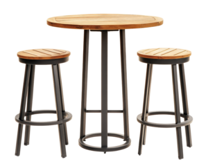 Stylish round wooden table with two matching stools, perfect for dining or casual gatherings. sleek design combines wood and metal for modern look