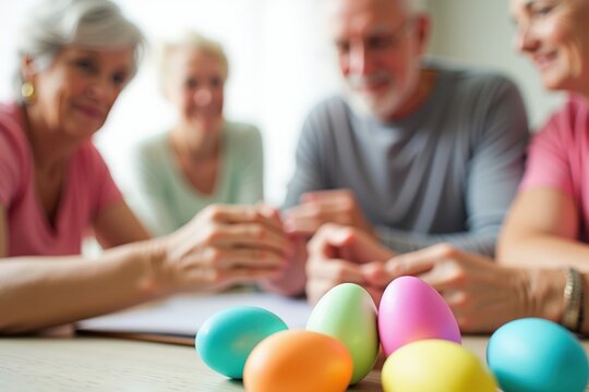 Elderly Friends Gathering Around Colorful Easter Eggs, Sharing Joy and Celebrating Togetherness
